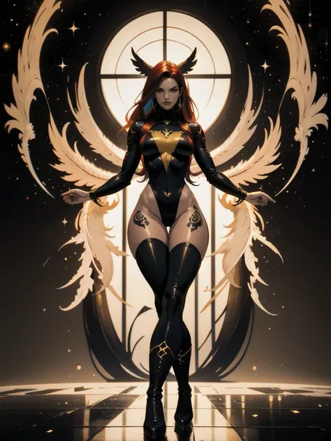 1girl, solo, Jean Grey of X-men, high leg cut out unitard of black and gold, boob window in unitard, ((thighs showing)), ((calf-high boots)) ,  (mandala tattoos on thighs (color:1.27)), color phoenix on chest, floating in space, arms out in power pose, 1 l...