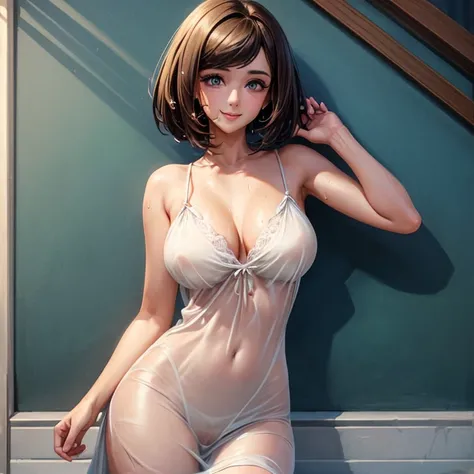 (Highest quality, masterpiece: 1.3), : 1, sexy: 1.5, Bob Hair, Brown Hair: 1.3, (Wet body: 1.2), Nightgown, beautiful, Cleavage, Ultra detailed face, Detailed lips, Detailed eyes, double eyelid, sexy, smile, beautiful Legs　attractive vagina