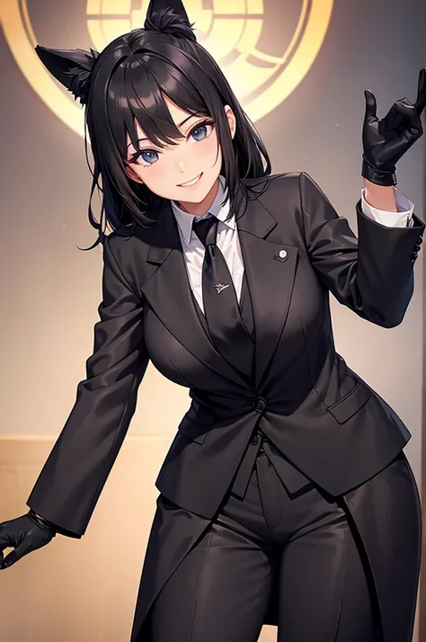 A woman in a black pantsuit，tie，Smiling Black Gloves