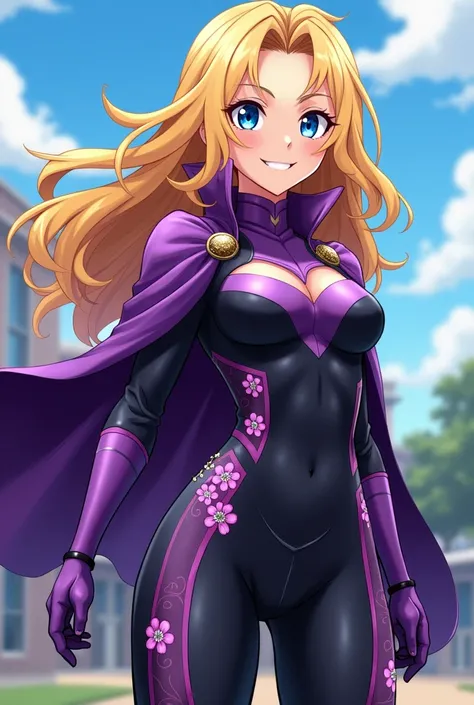 Young blonde girl with perky and slightly detailed body, dressed in a hero costume similar to that of Tokoyami from Boku no Hero Academia, similar to all might and long hair - body similar to that of a 16 year old schoolgirl, anime, blue eyes with a big he...