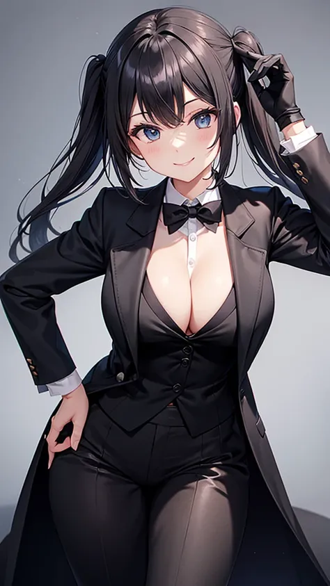 A woman in a black suit　tie　smile　　Black gloves