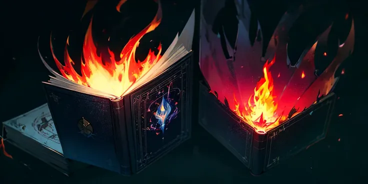 (black background) magic book with fire aound