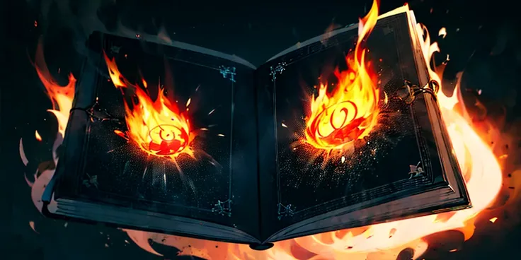 (black background) magic book with fire aound