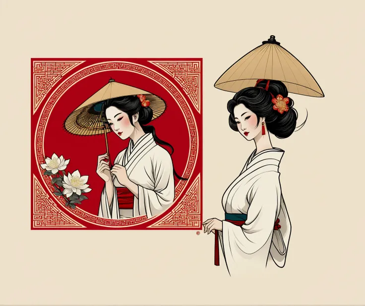 Logo a girl wear white ao dai vietnam in the art style of ukiyo - e, elegant japanese woman, inspired by Gu An, female geisha girl, chinese costume, traditional chinese, japanese related with flowers