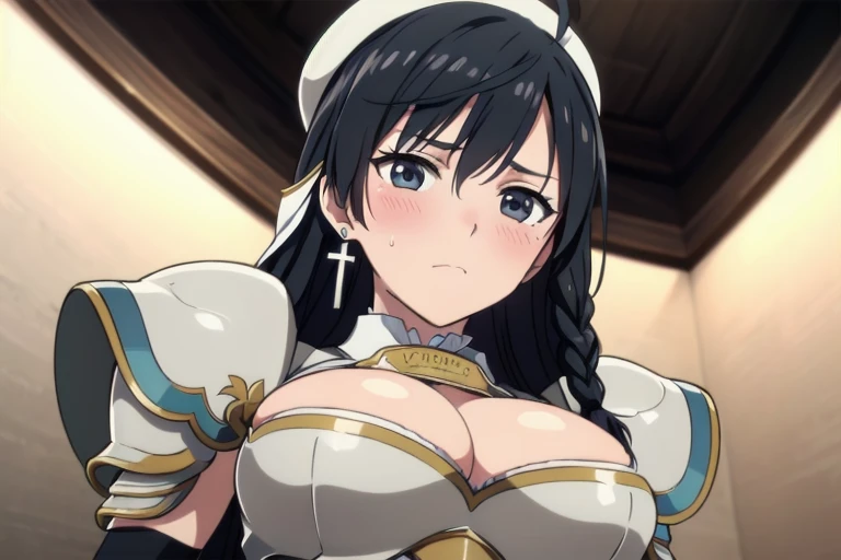 Sonia Blanche, cross earrings, hair ornament, veil, armored dress, pauldrons, breastplate, gauntlets, (white beret), 1girl, solo, upper body, (big breasts), cleavage facing viewer, looking at viewer, (aroused facial expression), blush, sweat, (dark backgro...