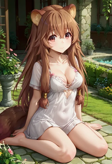  score_9,score_8,  (((perfect face))), (medium breasts), focus breasts, full body view, {looking at viewer},(brown hair), (bangs), (long hair), (animal ears), (raccoon ears), (raccoon girl), (raccoon tail), 1girl, raphtalia, (pink eyes), (detailed eyes), (...