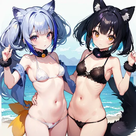 Two slightly young looking girls、Both of them are naked、Without any underwear on、They are playing together happily.。 The girl on the right is、It has raccoon ears on its head、Her hair is blue-gray with a raccoon pattern.、The hairstyle is short、The look on t...