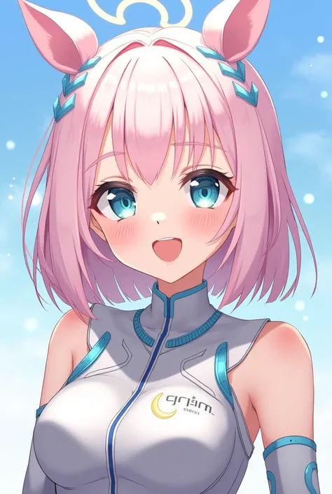 Anime human girl, a young girl with a halo shaped like a moon, light pink hair, and two different colored eyes. Her outfit is cyber-style but modern, and she has a cheerful smile.