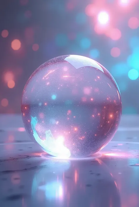 Create a bubble made of pink-blue crystal (hologram effect), glass material, soft glow, beautiful bright hologram background