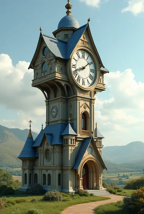 A two-story house but shaped like a clock, long and wide and large, so that the house&#39;s structure is the clock.