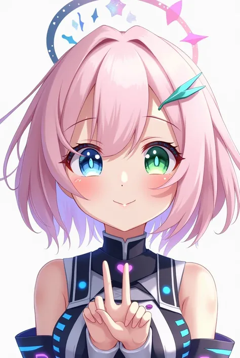 Anime human girl, a young girl with a halo shaped like a moon, light pink hair, and two different colored eyes. Her outfit is cyber-style but modern, and she has a cheerful smile.