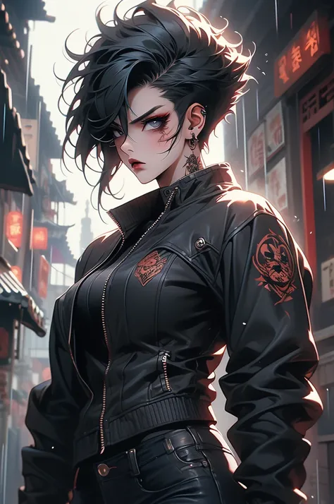 1girl, chinese, punk, rain, city, china town, leather jacket, Short haircut, leather jackets, jeans, tattoos, combat boots, rugged look, fierce eyes, toned, scars, dark makeup, piercings, menacing demeanor, athletic build, gothic jewelry, intimidating pres...