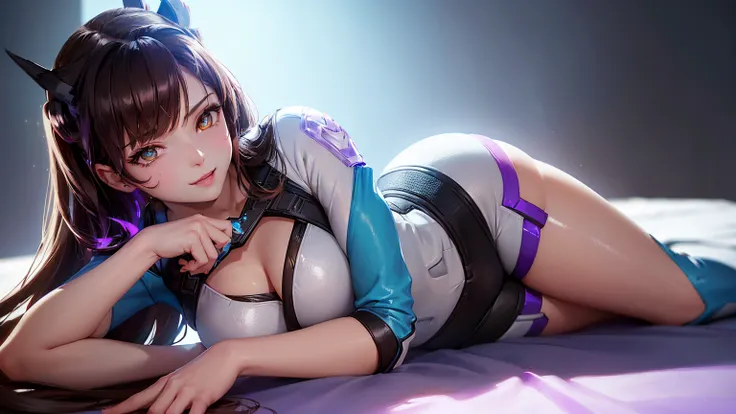 (masterpiece), (best quality), (intricate details), high resolution, visually stunning, sidelighting, (((amber eye colour which glow)), deep shadow, nothing but white background, (Dva from overwatch), (wearing a jumpsuit which is predominantly light blue, ...