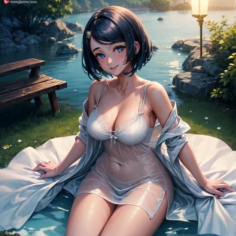 (Highest quality, masterpiece: 1.3), : 1, sexy: 1.5, Bob Hair,(Wet body: 1.2), Nightgown, beautiful, Cleavage, Ultra detailed face, Detailed lips, Detailed eyes, double eyelid, sexy, smile, beautiful Legs　attractive vagina