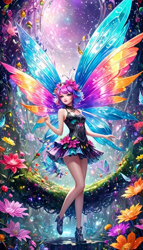 fantasy world that combines flower-punk and gem-punk, fairy spirits of beauty, background distorted space from another dimension, cute little devils, conceptual installation art, (ultra detailed, absolutely resolution, best quality:1.3), 2.5D, delicate and...