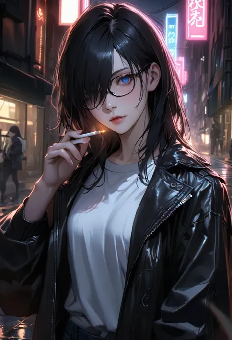 Create a realistic anime character with the following characteristics: A 24 year old, with fair skin and straight black hair that falls slightly over her eyes. He wears thin, square-framed glasses., that give an intellectual air. His eyes are a deep shade ...