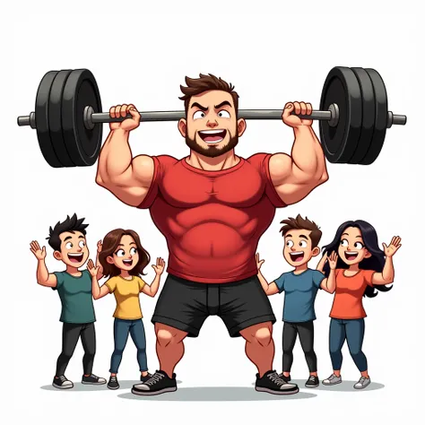 chibi manga art style, best quality, masterpiece, full body image of 25 year old man, wearing red tshirt and black shorts, (lifts barbell), four adult friends cheering beside him, perfect fingers, perfect hands, perfect face, perfection, white background