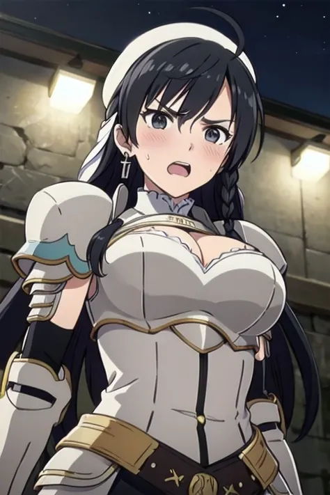 Sonia Blanche, cross earrings, hair ornament, veil, armored dress, pauldrons, breastplate, gauntlets, (white beret), 1girl, solo, upper body, (big breasts), cleavage facing viewer, looking at viewer, (aroused facial expression), angry eyebrows, open mouth,...