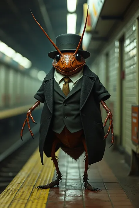 Make a cockroach waiting in the subway realistic with clothes