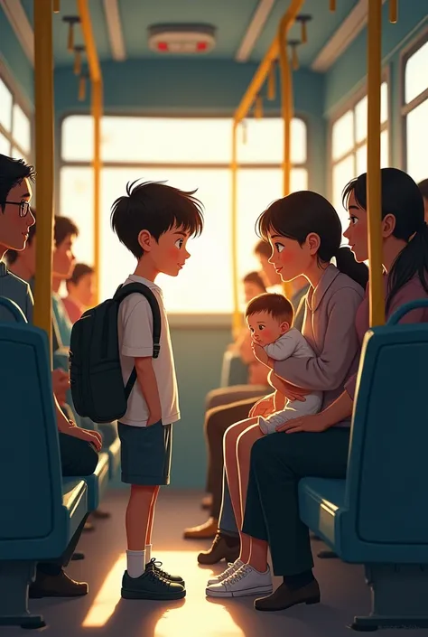 illustration. 8 year old boy giving up his seat to a lady with a baby on the bus. 