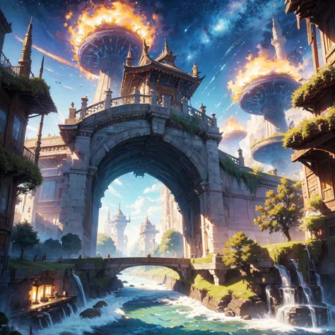 (masterpiece:1.2), extremely intricate details, ff14 style, dynamic painting, depicting a bustling city with a majestic bridge crossing wide rivers, surrounded by towering giant mushrooms. The vast landscape bursts with vivid colors.  femboy