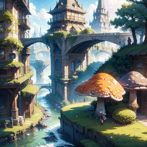 (masterpiece:1.2), extremely intricate details, ff14 style, dynamic painting, depicting a bustling city with a majestic bridge crossing wide rivers, surrounded by towering giant mushrooms. The vast landscape bursts with vivid colors.  femboy