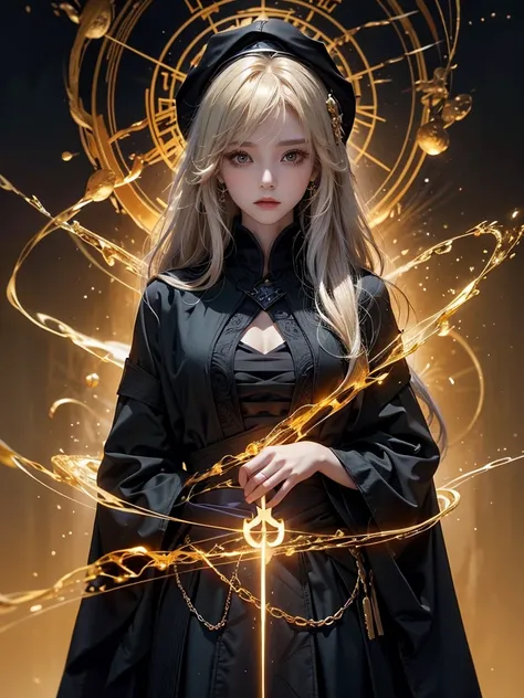 Runic Background、Wearing a black robe、Mages Clothing、golden hair color、look at the viewer、masterpiece、cute woman、Wearing elegant school clothes