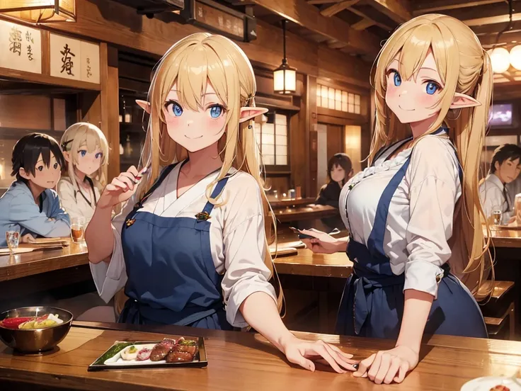 High resolution、8k Ultra HD、((water color))、Inside the japanese izakaya restaurant, Yakitori, Edamame, one Blonde long hair elf, She is wearing a white blouse、((Blue eyes)), ((smile)), (Glass of red wine),　((The men around me are drunk)),