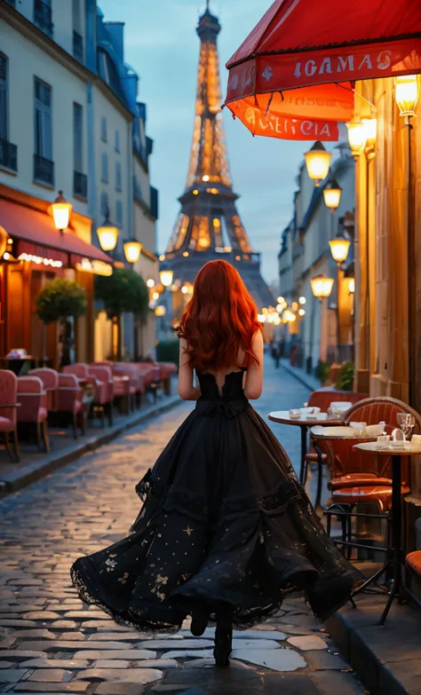 An enchanting redhead with an hourglass silhouette, elegantly strutting along a cobblestone street in Paris. She wears a flamboyant, avant-garde dress with intricate lace details that dance in the breeze. The soft glow of twilight casts a warm light on her...