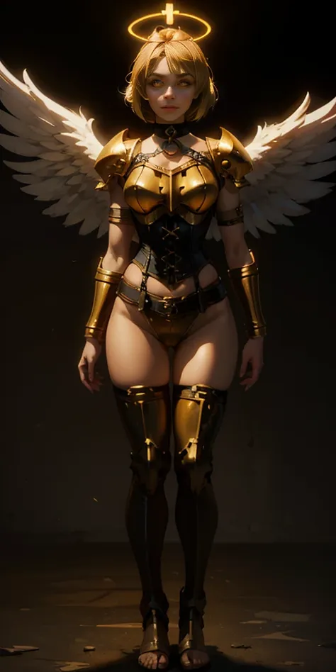 (black background) paladin lady in ornate golden armor, black collar, pauldrons, breastplate, leather corset, glowing halo, shor...