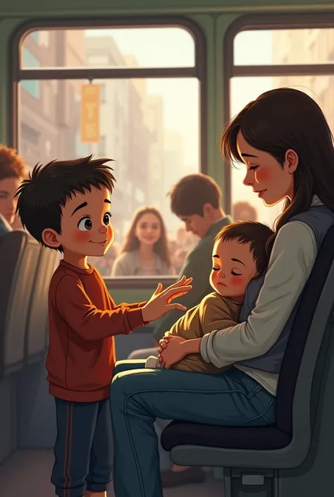 illustration. 8-year-old boy giving up his seat to a woman with a baby on the bus. 