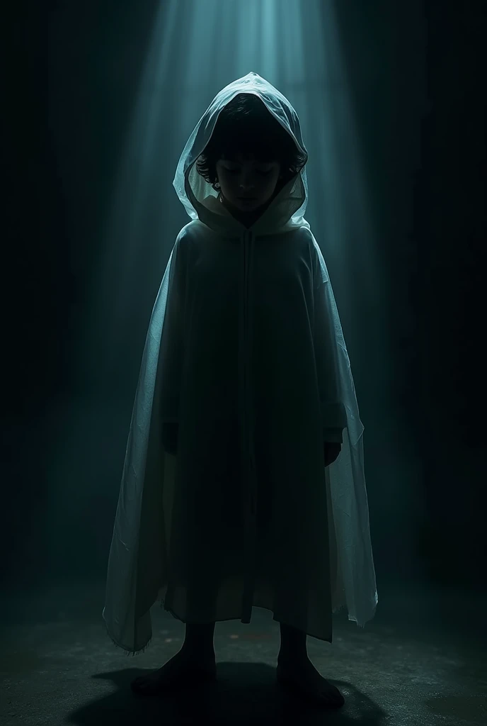 Black-haired boy covers himself with a sheet in a very dark room 