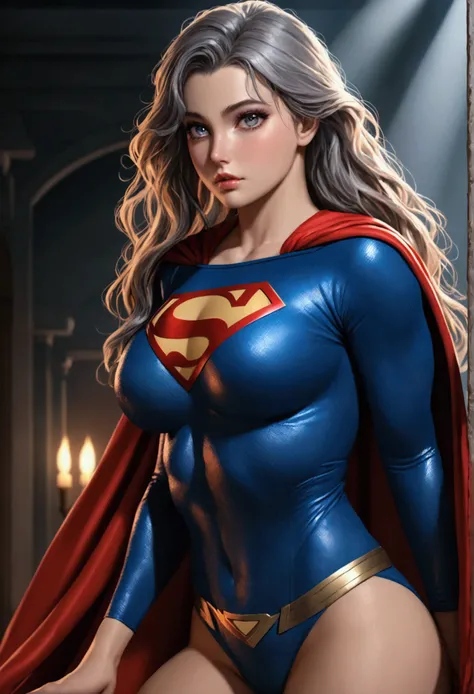 A SEXY TEEN FEMALE WITH GREY EYES AND LONG MESSY HAIR WEARING A CLASSIC SUPERMAN COSTUME AND CAPE. large breasts, incredibly detailed skin and eyes, seductive poses, 8K resolution, masterpiece, ultra-detailed, realistic, photo-realistic, vivid colors, dram...