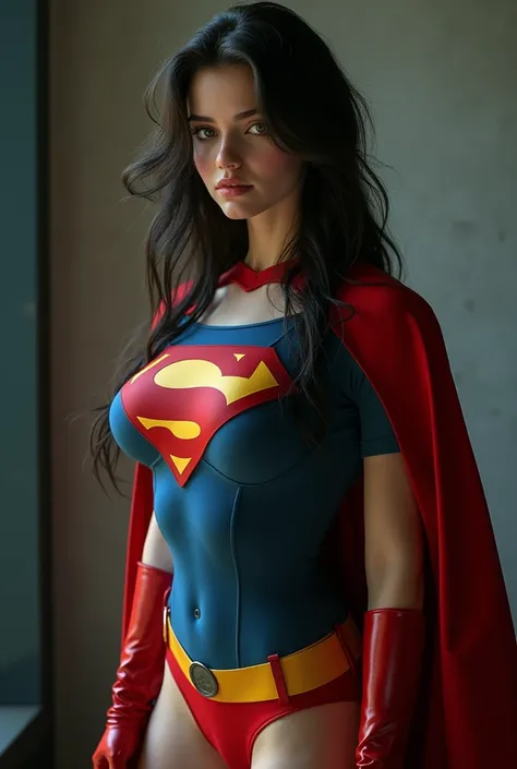 A SEXY TEEN FEMALE WITH GREY EYES AND LONG MESSY HAIR WEARING A CLASSIC SUPERMAN COSTUME AND CAPE. large breasts, incredibly detailed skin and eyes, seductive poses, 8K resolution, masterpiece, ultra-detailed, realistic, photo-realistic, vivid colors, dram...