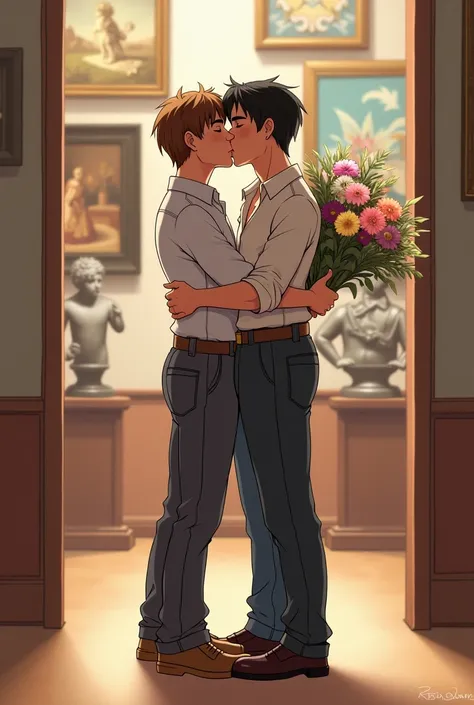 Drawing of two boys kissing in an art gallery, wear shirt outside with long pants, one brown hair and one black hair, black haired man holding a bouquet of flowers 
