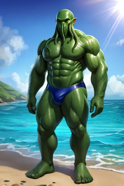 Single character, male, Cthulhu, green skin, swim attire, tall, bara build.