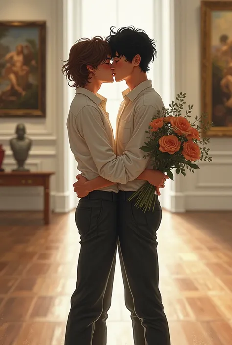 Drawing of two boys kissing in an art gallery, wear shirt outside with long pants, one brown hair and one black hair, The black haired man is holding a bouquet of flowers. These two are very skinny.
