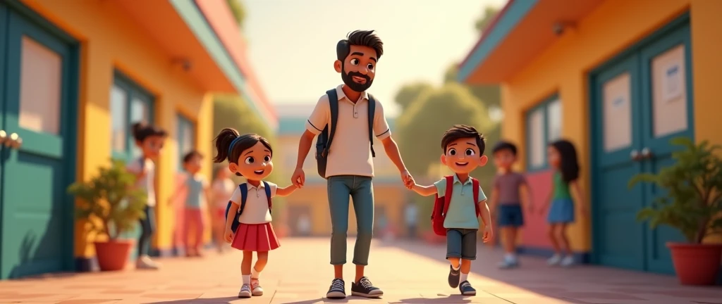 In 3d animation style:**Ramesh enrolling his children in school the next day**, both children dressed neatly and excited to start their education.
