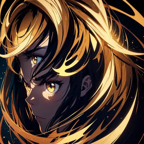 Profile photo of a man but with a golden background and intimidating eyes anime