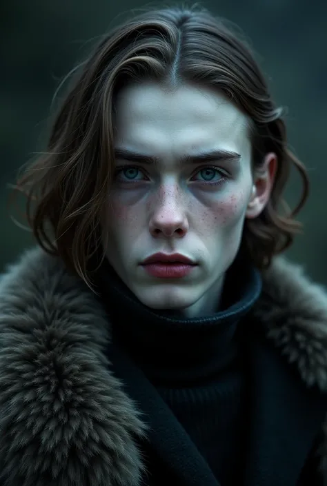 A boy , high, with Nordic features, black movie, grey eyes, with semi-long hair that does not go past the shoulders, muscular, white skin almost pale, long eyelashes, bushy eyebrows, Cherry-colored lips in a subtle and natural way 