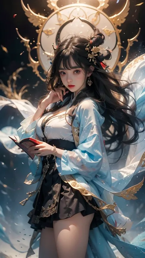 best quality,masterpiece,Ultra-high resolution,photoactual:4：0,Demon Palace Academy Park,Albedo,long hair shawl,Devils Horn,Big breasts,shirt clothes,mini skirt,holding book