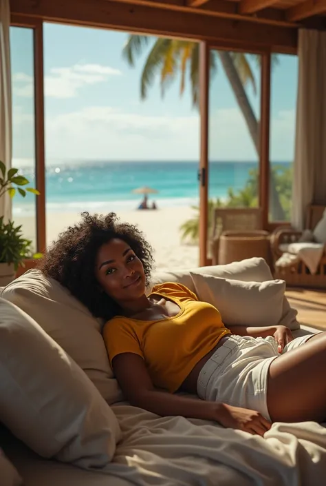 A black Brazilian woman with curly hair lying down wearing a yellow blouse and white shorts, in a house on the beach. Everything realistically