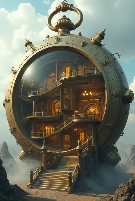 A two-story house that has stairs but is shaped like a clock that is larger than the house and its structure like a pocket watch, super advanced, as it would look from the inside?