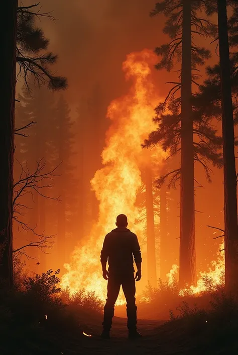 A man looking at a fire in a forest several trees on fire