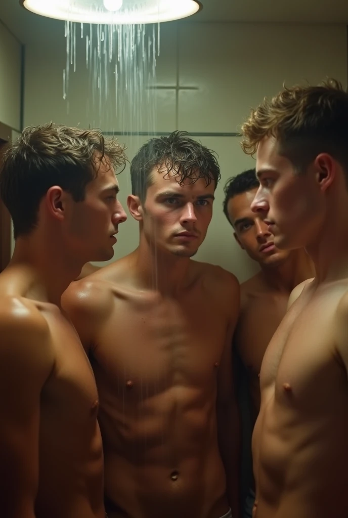 Sweaty almost naked boys group in a shower or locker room with lust in their eyes gayish