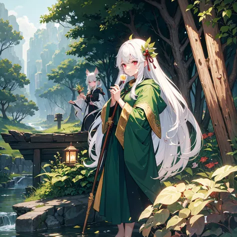 1 , shy face, Eyes red, finger on the cheek, rosy cheeks, white hair with black roots, Coke, wearing a green cloak with leaves from various trees, holding wooden staff with a bow, plant grows on your legs, without shoes, (flying), forest environment, night...