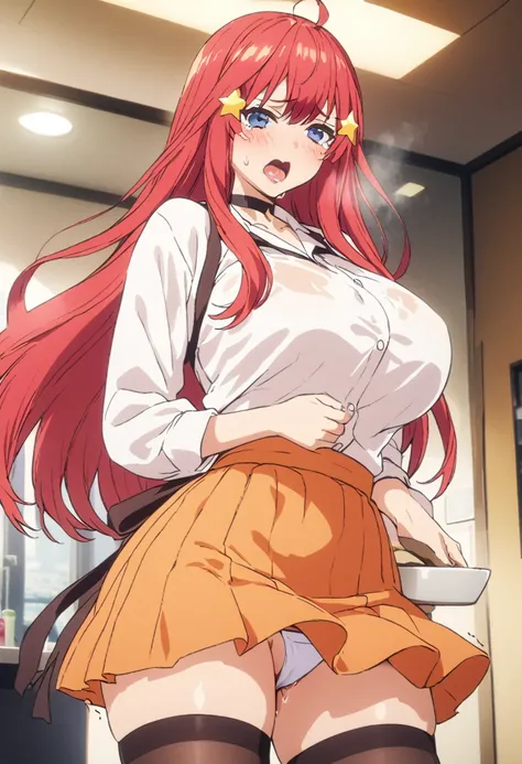 (Highest quality, 4K, 8k, High resolution, masterpiece:1.2), Very detailed, Picturesque, Animated Photography, Photo Animation:1.37)、Japanese schoolgirl、(Red Hair)、(Long Hair)、(yellow star hair ornament)、(waitress, apron,large breasts, orange skirt, (white...