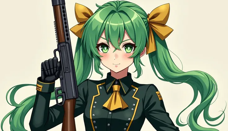 1 person, Green Hair, Messy Hair, Small twin-tail braids on the front, Green Eyes, Luxurious gold bow(arms) Hang on your back, Dress neatly, Shooter,