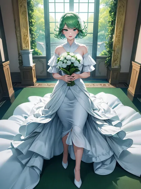 (high res, 8K, masterpiece, looking at viewer, best quality, very aesthetic, ultra detailed, ultra background, ultra Eyes) intricate details, 1girl, Tatsumaki, White wedding dress, White heels, Standing while holding a flower, Red Lips, green short hair, g...