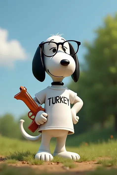 Take a photo of Snoopy with glasses shooting with an air gun and with his left hand on his waist and with a white t-shirt that says Turkey